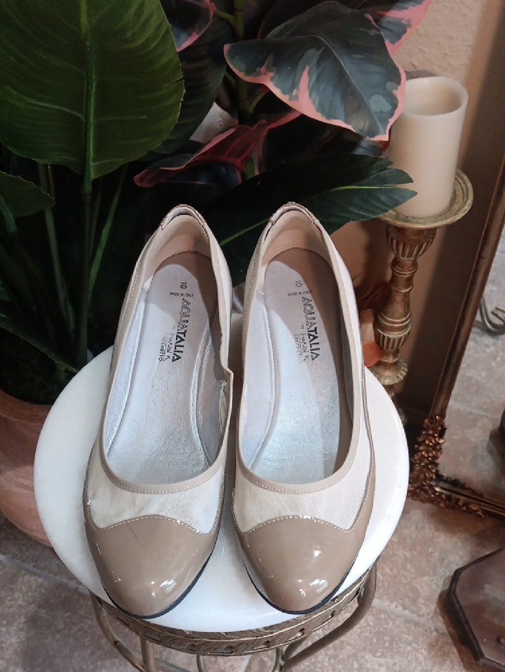 Aquatalia Marvin K Sacchetto Mesh Patent Cap Toe Ballet Flats Beige Taupe 10